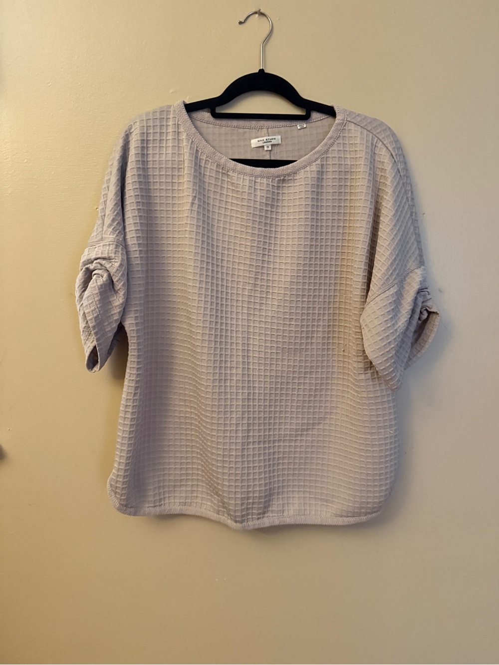 Max Studio Cream Waffle-Knit Short Sleeve Pullover